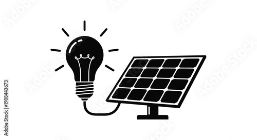 A black silhouette depicts a lightbulb connected to a solar panel symbolizing sustainable energy solutions silhouette high quality
