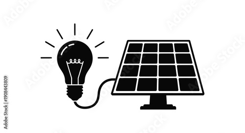 A black silhouette depicts a lightbulb powered by a solar panel symbolizing renewable energy solutions and innovation silhouette