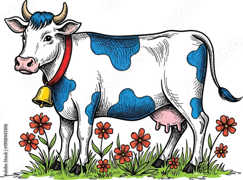 A blue-spotted cow wearing a bell stands in a field of red flowers.