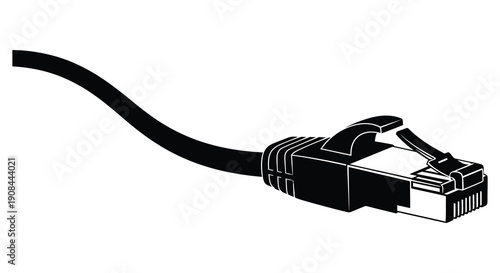 A stark black silhouette depicts a rj45 ethernet cable connector highlighting modern data transmission technology silhouette high quality