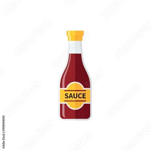 Bottle of Red Sauce with Yellow Label and Cap.