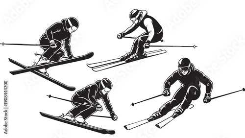 Dynamic skier illustrations showing different skiing postures and techniques