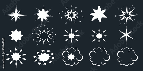 Collection of white starbursts sparkles and cloud like explosion effects
