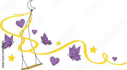 A whimsical swing set with butterflies, hearts, and stars evokes childhood dreams and imagination.