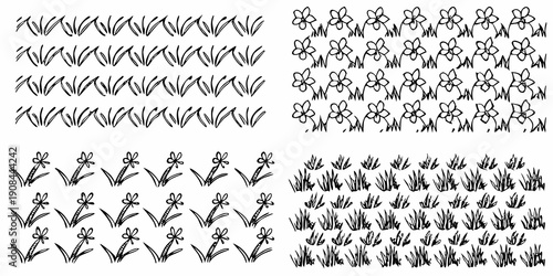 Black and white floral and grass pattern with repeating botanical motifs