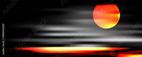 A man in a boat is seen on the water in front of a very large full moon in the illustration. vector