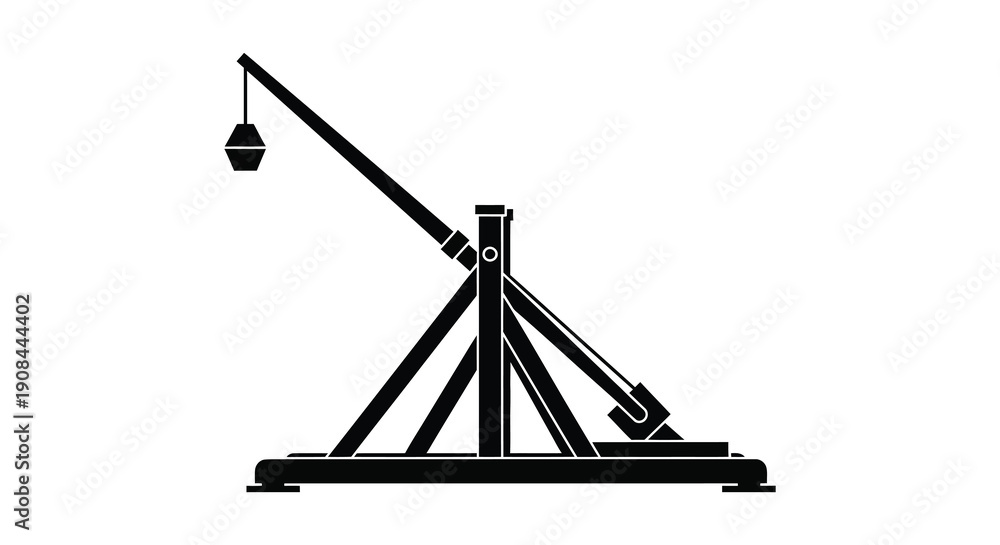 Obraz na płótnie A stark black silhouette depicts a medieval trebuchet a siege weapon used for hu