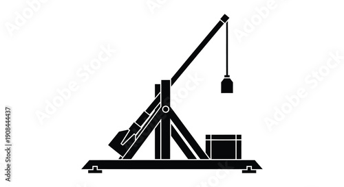 Fotografia A striking black silhouette depicts a medieval trebuchet a counterweight siege e
