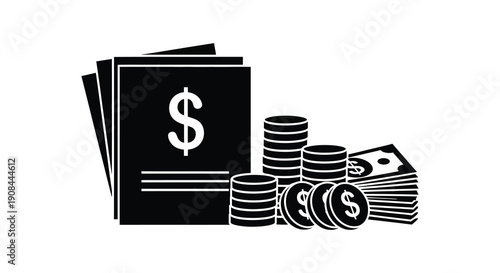A stack of money including bills and coins is depicted in a striking black graphic silhouette high quality