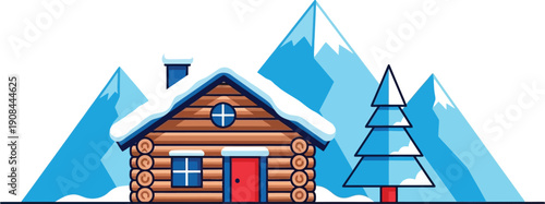 A cozy log cabin sits nestled in a snowy mountain landscape with a pine tree nearby.