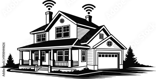Smart home house exterior with wireless signal icons, modern suburban residence illustration in clean black and white vector style design