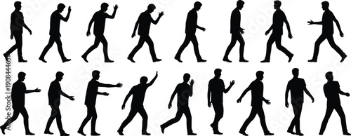 Collection of walking man silhouettes in varied poses, male motion sequence isolated on clean background vector illustration reference set