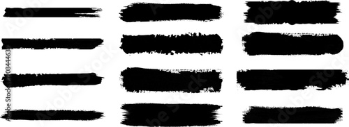 Black Hand Drawn Straight Brush Stroke Lines Vector Featuring Grunge Smears, Thick Paint Texture, Asian Chinese or Japanese Calligraphy Brushstrokes and Sketch-Style Rectangle Text Boxes