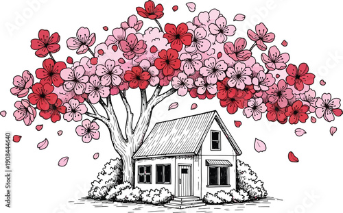 A quaint house sits beneath a blooming cherry blossom tree in full spring splendor.
