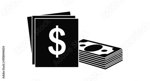 A stark depiction of money featuring stacks of cash and a dollar sign in a bold silhouette