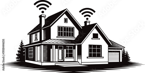 Smart home house exterior with wireless signal icons, modern suburban residence illustration in clean black and white vector style design