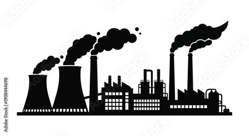 A stark black silhouette depicts a factory complex emitting plumes of smoke highlighting industrial pollution silhouette high quality