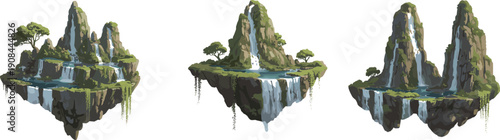Fantasy floating islands with waterfalls, surreal landscape artwork, magical environment design, imaginative scenery concept, mystical terrain illustration, adventure fantasy backdrop