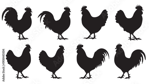 Eight different rooster silhouettes isolated on transparent background