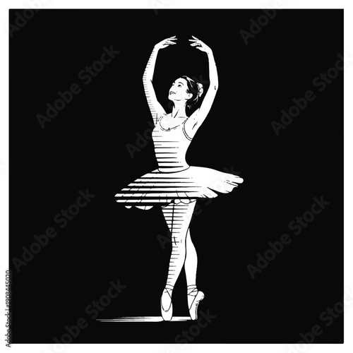 Dynamic black and white vector of a ballerina performing an elegant pose, graceful dancer with arms raised, intricate linework capturing movement on a stark background