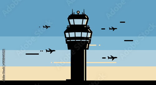 A Modern Airport Control Tower with Airplanes in Flight under Clear Sky