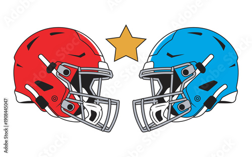 American football helmets, head to head rivalry scene, red and blue helmets collision, competitive sports graphic, bold vector illustration, design