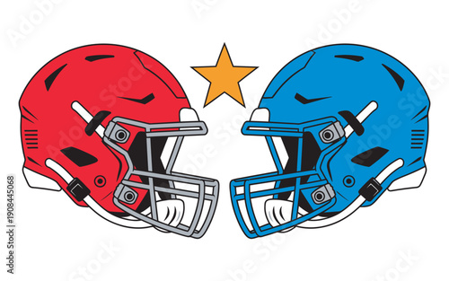 American football helmets, opposing teams concept, red versus blue helmets, dynamic rivalry clash, starburst center, modern flat vector design, illustration