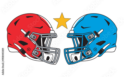 American football helmets, red and blue rivalry matchup, facing helmets with starburst, sports competition concept, flat vector illustration, isolated background