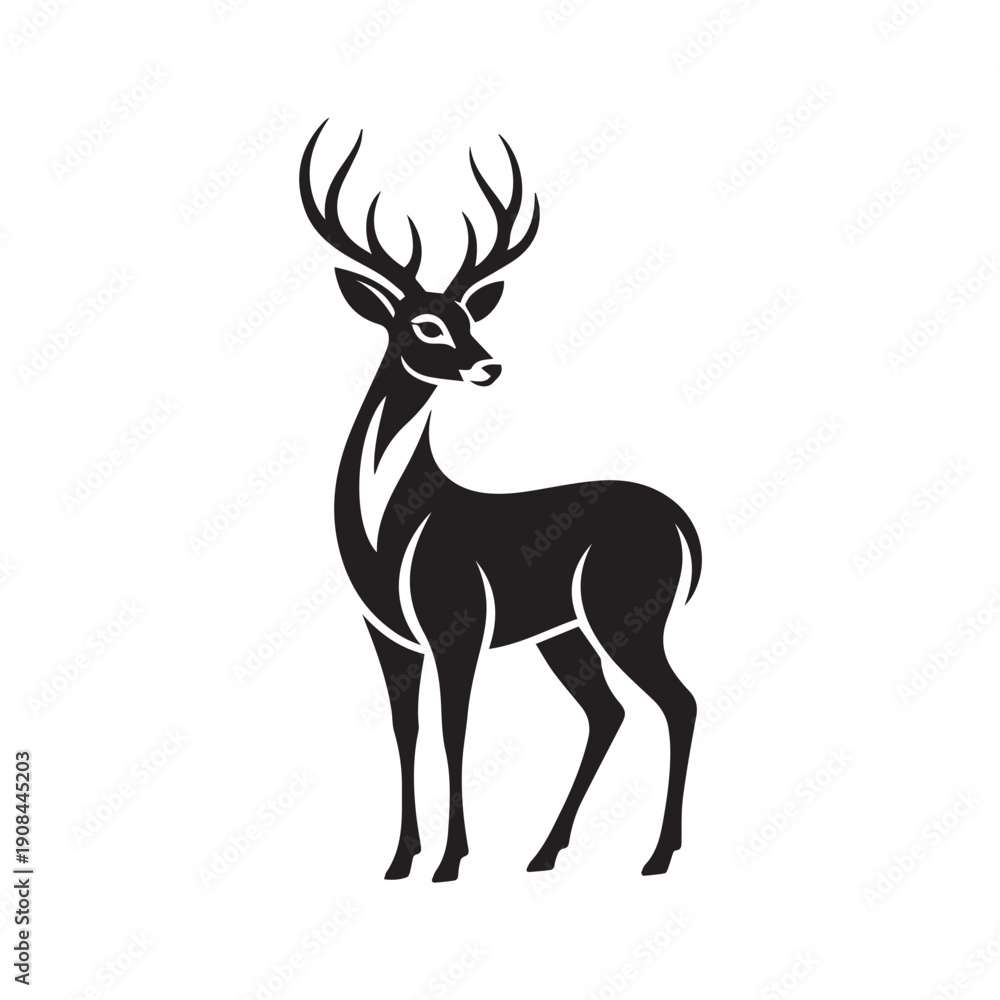 Fototapeta premium Majestic black and white vector silhouette of a stag with impressive antlers, standing gracefully, detailed minimalist design of a wild deer on a pure white background