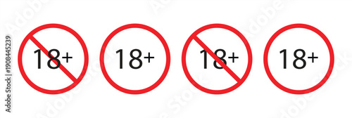 A set of age-limiting line icons displaying 18+ symbols for permitted and prohibited digital content and services. Vector illustration