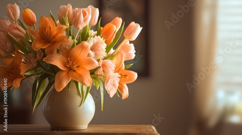 A Beautiful Arrangement of Orange Lilies and Tulips in a Vase.