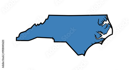 Outline of North Carolina State Map with Coastal and Inland Details, Highlighting Key Geographical Features and Boundaries