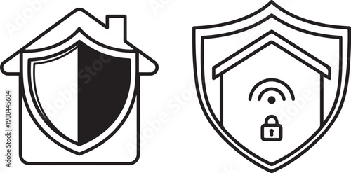 House Shield Icons With Wifi And Lock Symbols home protection