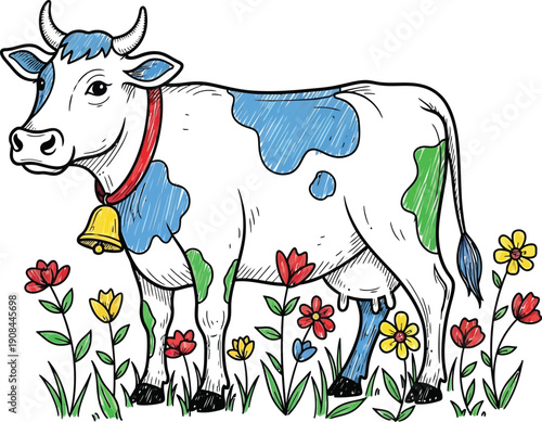 A cartoon cow with blue and green spots stands in a field of colorful flowers.