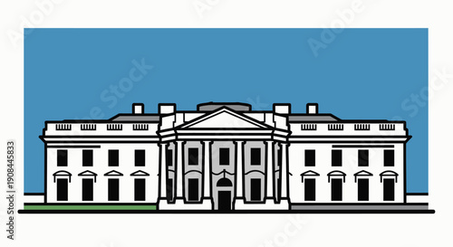 Stylized Illustration of the White House with a Clear Blue Background, Symbolizing American Political Power and Governmental Authority