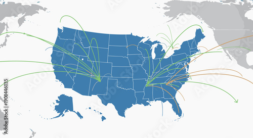 United States Map Highlighting Key Connections Across Major Cities and Regions for Business, Technology, or Data Analysis