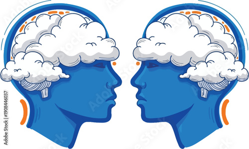 Two stylized blue heads in profile face each other with cloud-like brains inside their heads.