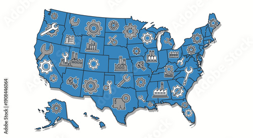 United States Map Illustration Featuring Industrial and Mechanical Icons for Engineering, Manufacturing, and Technology Sectors