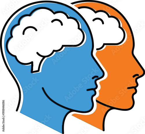 Two abstract profiles of heads show a simplified brain inside each one.