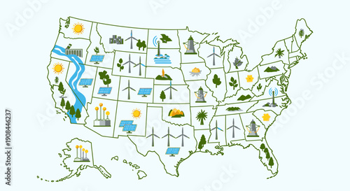 United States Renewable Energy Map Featuring Wind, Solar, and Hydropower Sources Highlighting Clean Energy Infrastructure Across the Nation