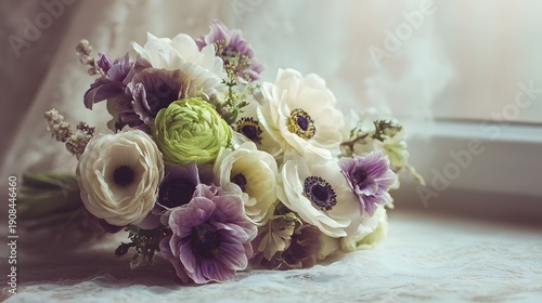 Beautiful Bridal Bouquet of White and Purple Anemones and Ranunculus Flowers.