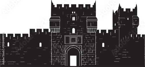 Ancient fortress silhouette drawing vector illustration for historical medieval architecture