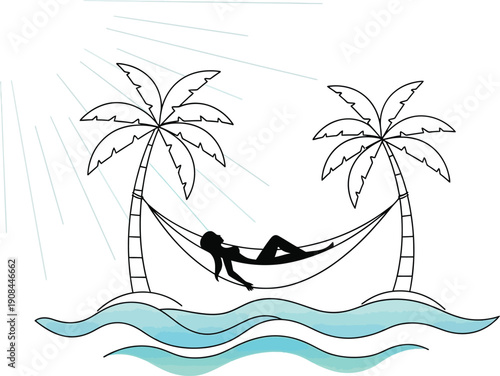 A person rests peacefully in a hammock strung between two palm trees on a tropical island.