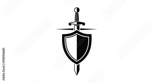 A striking black design showcases a shield and crossed sword embodying strength and protection a bold silhouette