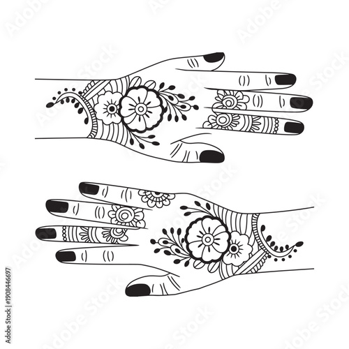 Intricate henna designs adorn both hands showcasing floral and geometric patterns