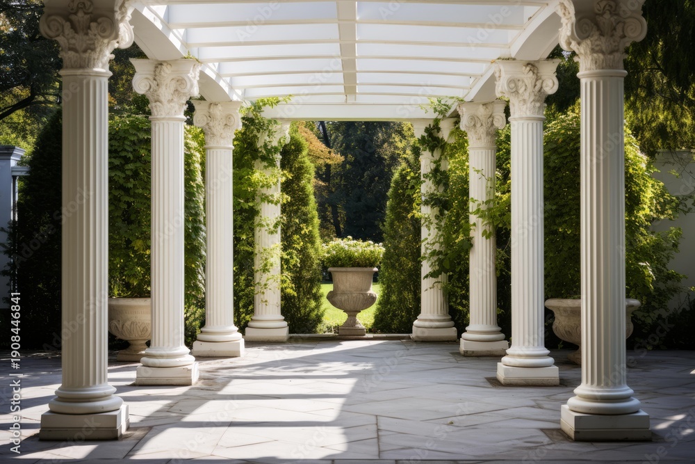 Obraz premium Elegant white pergola with classical columns framing a serene garden view, creating a peaceful outdoor space