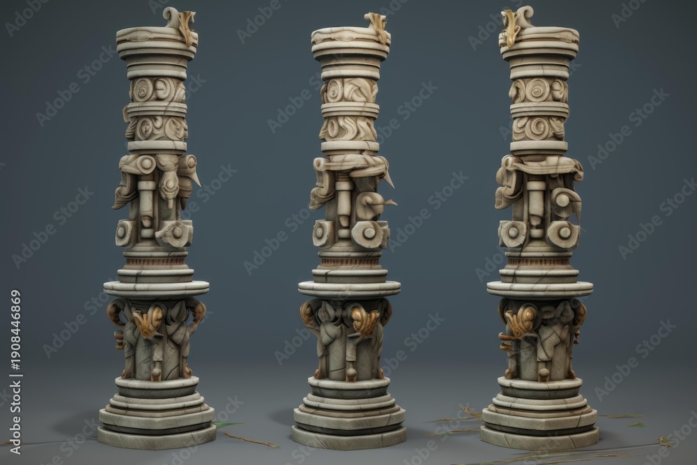 Fototapeta premium Three weathered marble columns showcasing intricate carvings and golden accents, evoke a sense of history and grandeur