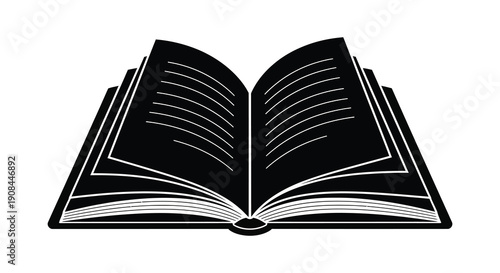 An opened book with blank pages is depicted in a stark black design creating a striking silhouette