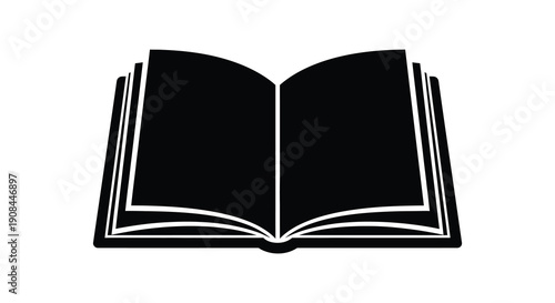 A stark black silhouette depicts an open book with visible pages suggesting knowledge and learning silhouette high quality