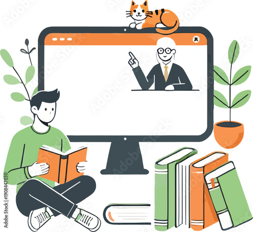 Student learning online with cat and books online learning